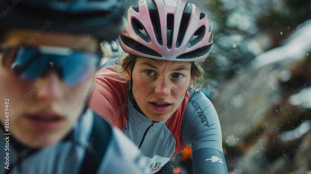 The cyclists determination and focus captured in a closeup shot of their intense gaze as they conquer a steep uphill climb. The cyclists determination and focus captured in a closeup shot of their intense gaze as they conquer a steep uphill climb.