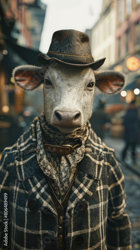 Elegant cow graces city streets in tailored fashion, epitomizing street style.
