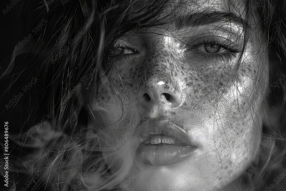Moody portrait of a young woman with freckles and dark hair. She is looking at the camera with a serious expression. The image is in black and white. Moody portrait of a young woman with freckles and dark hair. She is looking at the camera with a serious expression. The image is in black and white.