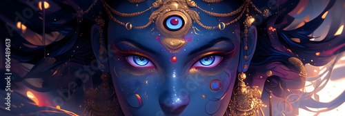 Close-up of the face of the Indian goddess Mahakali. Kali Maa on a dark blue background. Face of Goddess Durga. Religious holiday Hinduism photo