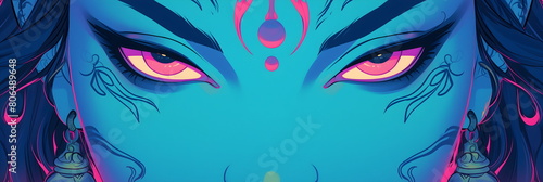 Close-up of the face of the Indian goddess Mahakali. Kali Maa on a dark blue background. Face of Goddess Durga. Religious holiday Hinduism © W.O.W