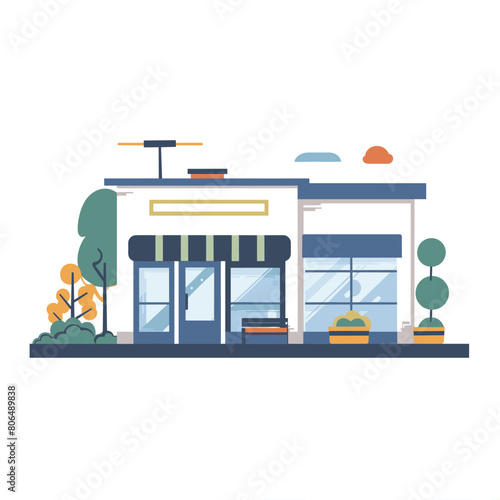 Modern storefront vector illustration, contemporary shop exterior design. Flat design commercial building trees, windows, signage. Isolated white background retail store facade