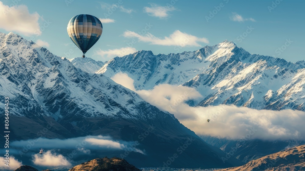 Hot air balloon floating over snow mountain with copy space area. Hot air balloon floating over snow mountain with copy space area.