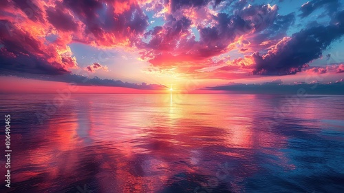 A beautiful sunset over the ocean. The sky is ablaze with color, and the water reflects the vibrant hues. The waves are gentle, and the atmosphere is peaceful and serene.
