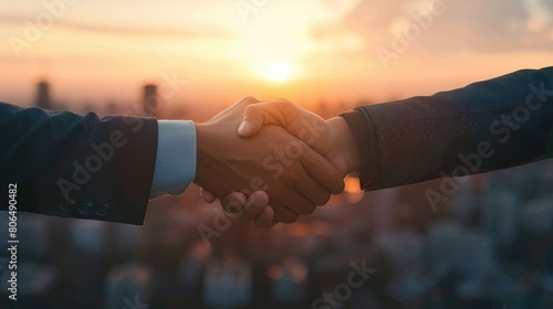 Businessmen and businesswomen handshake on skyscraper background at sunrise, successful deal.