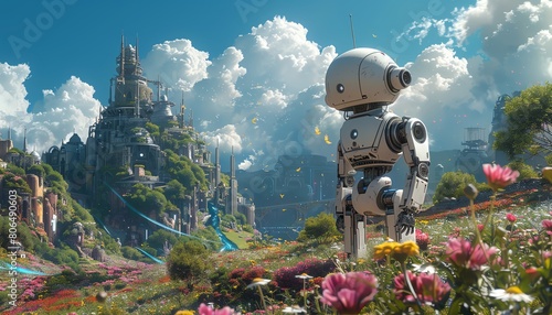 Bring your vision to life with a surreal twist! Request a frontal view of robotic gardeners amidst a dreamy landscape Incorporate vibrant colors, intricate details, and a touch of whimsy Traditional A