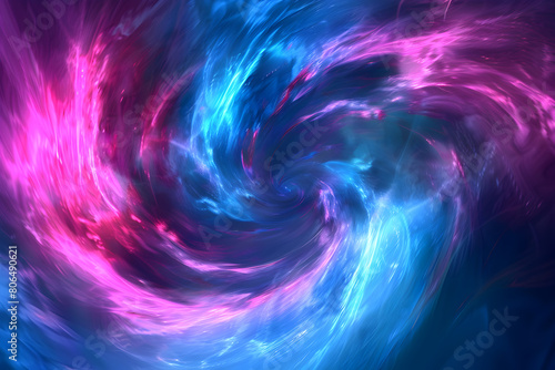 Vibrant neon blue and pink abstract galaxy vortex. Stunning artwork on black background.