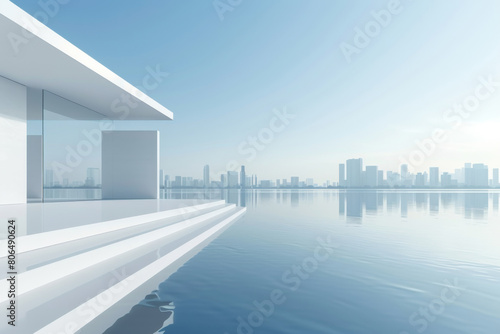 Modern buildings by the lake. The modern urban skyline is in the background. 