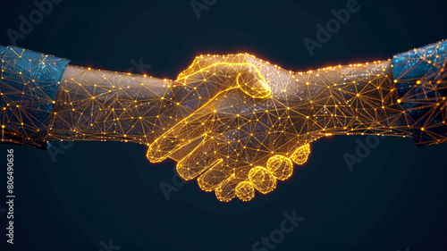 Two wire-frame glowing hands, handshake, technology, business, trust