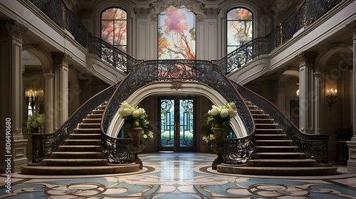A grand entrance hall with high ceilings, ornate crown moldings, an elegant crystal chandelier, and a wide staircase with a wrought iron railing, photo