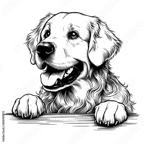 Cute Golden Retriever dog peeking, hand drawn sketch. Vector isolated on white background	