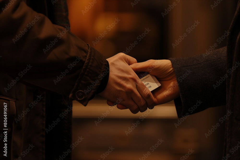 Zooming in on the exchange of business cards during a handshake, indicating the beginning of a fruitful collaboration Zooming in on the exchange of business cards during a handshake, indicating the beginning of a fruitful collaboration