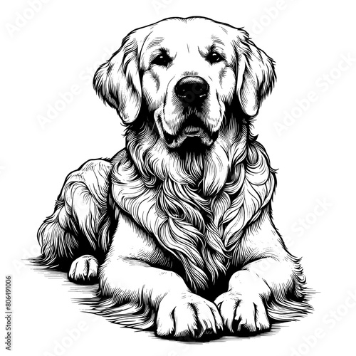 Cute Golden Retriever dog in full-body, hand drawn sketch. Vector isolated on white background	