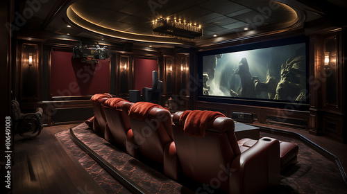 A home theater with plush recliners and a projector screen. photo