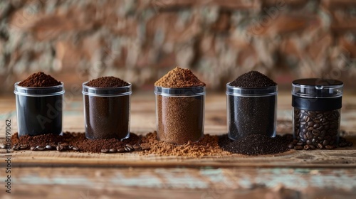 A lineup of different grind sizes labeled for French press pourover and espresso brewing ods showcasing the versatility and customization of freshly ground coffee.