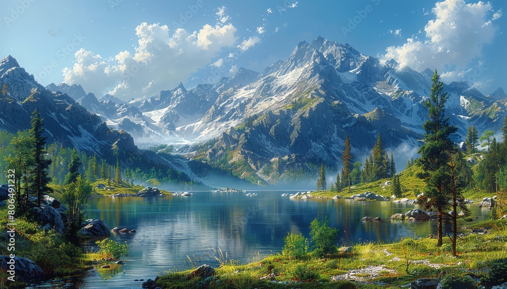 Fototapeta premium Capture the serenity of a wilderness camping scene in a Realism oil painting, with an eye-level angle showcasing intricate details of nature