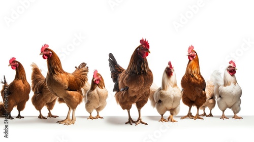 A variety of chicken breeds including Rhode Island Reds, Barred Rocks, and White Leghorns. photo