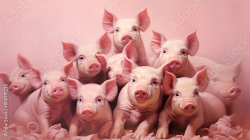 A group of piglets huddled together on a pink background photo