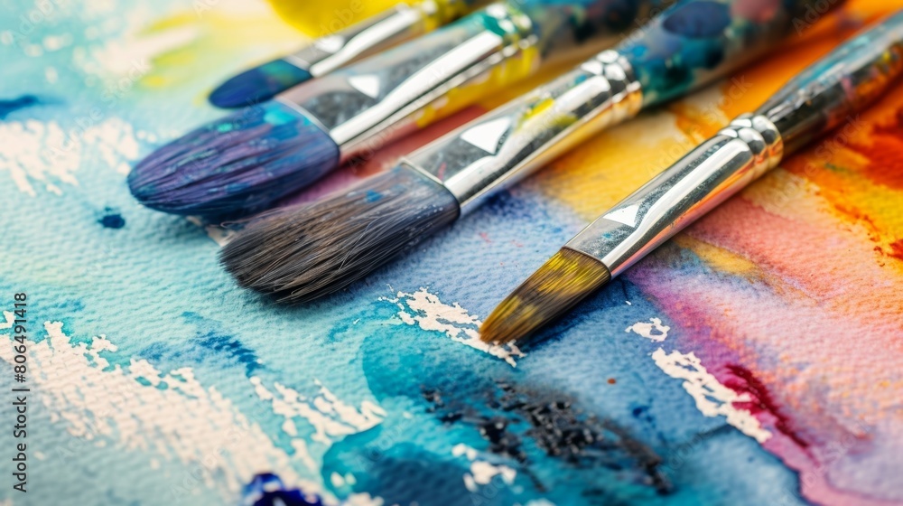 Obraz premium A pristine set of watercolor brushes with fine bristles that expertly glide over paper to create a detailed wash of color.