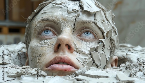 Craft a detailed clay sculpture of a shattered mirror reflecting a distorted self-portrait Experiment with unexpected camera angles to capture the fragmented psyche in a surreal way