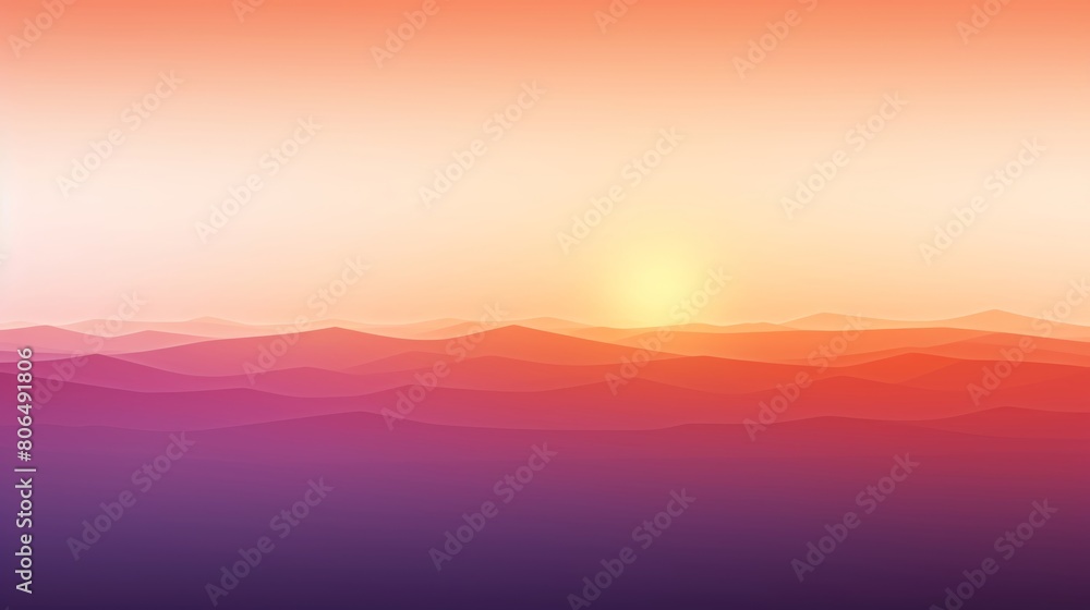A beautiful landscape of a mountain range at sunset. The sky and clouds are a gradient of orange, pink, and purple. The mountains are a deep blue and the sun is a bright yellow.