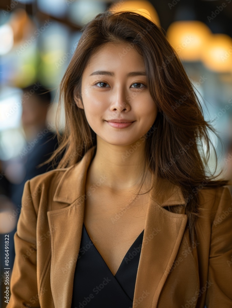 Obraz premium workplace joy with a radiant young businesswoman, a beautiful manager, glowing with positivity while creating in her modern office sanctuary. Generative AI.