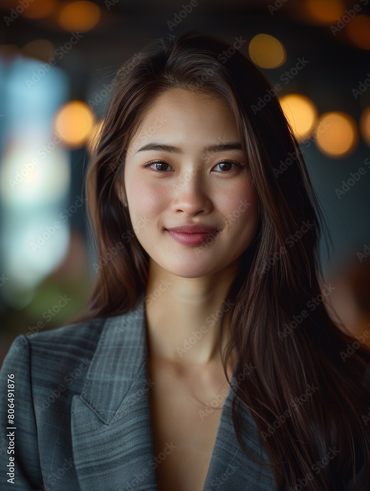 Obraz premium workplace joy with a radiant young businesswoman, a beautiful manager, glowing with positivity while creating in her modern office sanctuary. Generative AI.