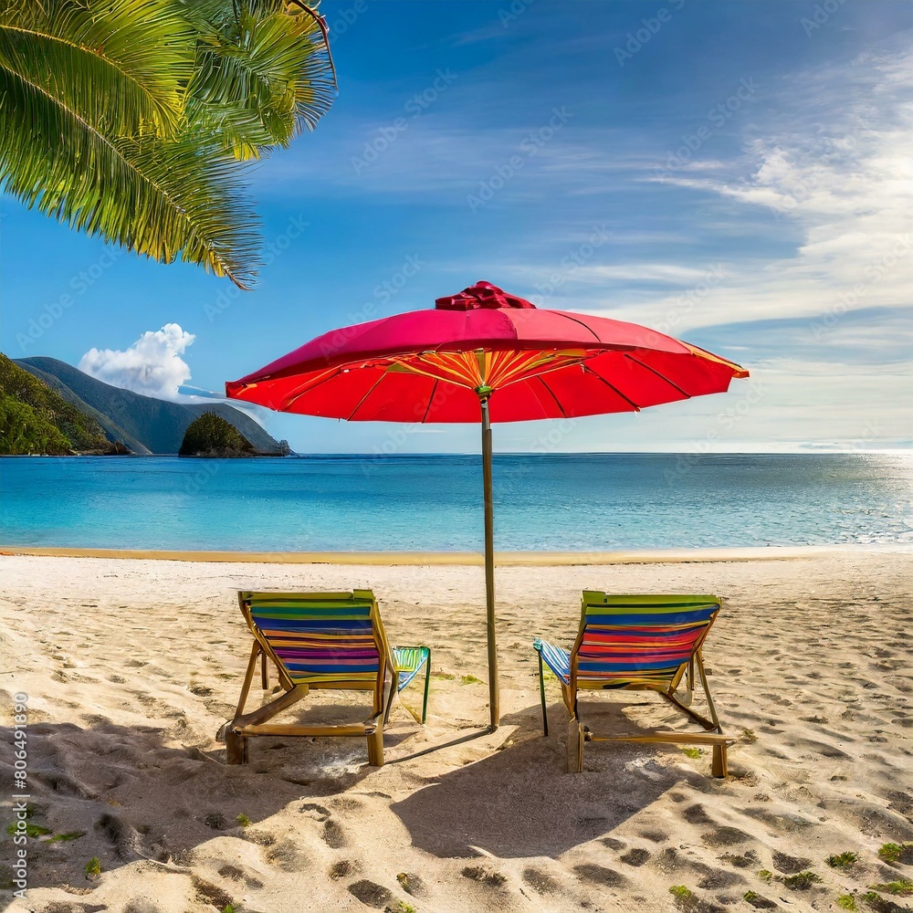 beach chairs and umbrella.a pristine beach adorned with chairs and an colorful umbrella, set against a panoramic backdrop, perfect for travel and tourism advertisements. The composition should convey beach chairs and umbrella.a pristine beach adorned with chairs and an colorful umbrella, set against a panoramic backdrop, perfect for travel and tourism advertisements. The composition should convey