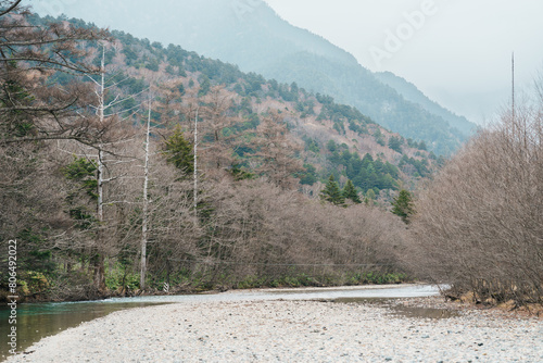 Scene of Kamikochi National Park, Hotaka mountain and Azusa river, Nagano Prefecture, Japan. Landmark for tourists attraction. Japan Travel, Destination and Vacation concept photo