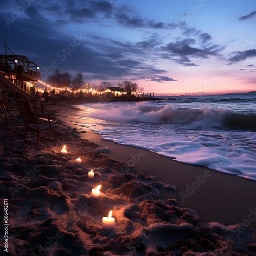 A long exposure shot of a beach at dusk with candles in the foreground © Michelle