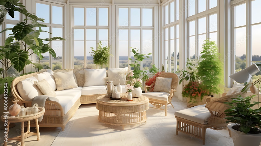 A bright and airy sunroom with wicker furniture, potted plants, and a panoramic view