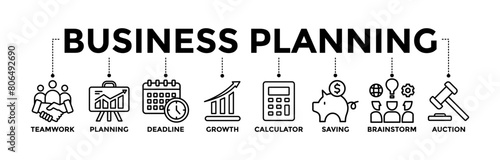 Business planning banner icons set with black outline icon of teamwork, planning, deadline, growth, calculator, saving, brainstrom, auction	 photo
