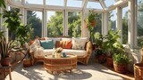 A bright and airy sunroom with wicker furniture, potted plants, and a panoramic view