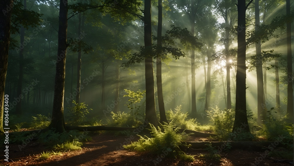 Obraz premium The forest is full of trees and the sun is shining through the leaves. The light creates a peaceful and serene atmosphere