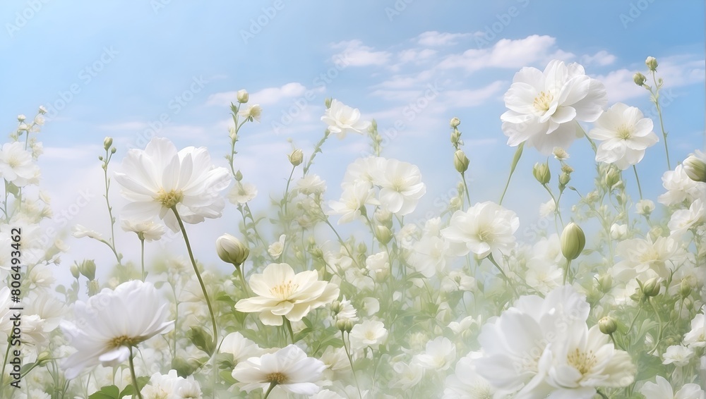 A field of white flowers with a blue sky in the background. The flowers are in full bloom and the sky is clear and bright. for banner design. A field of white flowers with a blue sky in the background. The flowers are in full bloom and the sky is clear and bright. for banner design.