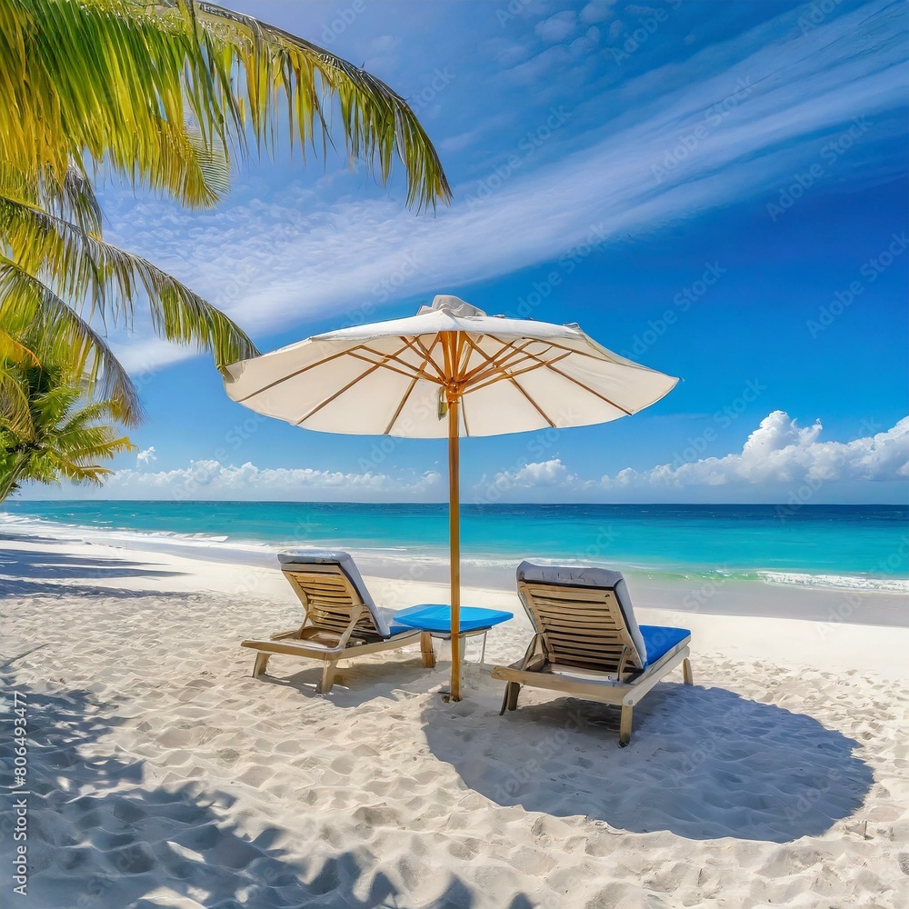 a pristine beach scene with white sand, featuring chairs and an umbrella, perfect for travel and tourism imagery. The composition should include a wide panoramic backdrop, with lounge chairs inviting a pristine beach scene with white sand, featuring chairs and an umbrella, perfect for travel and tourism imagery. The composition should include a wide panoramic backdrop, with lounge chairs inviting