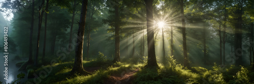 The forest is full of trees and the sun is shining through the leaves. The light creates a peaceful and serene atmosphere