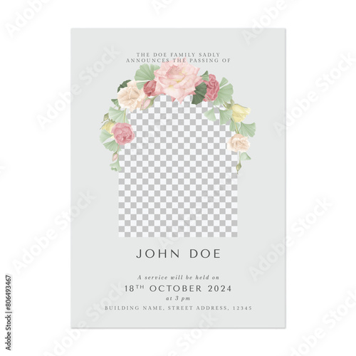 Floral funeral invitation template, minimalist assorted flowers and leaves on light grey background