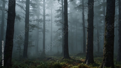 A forest with foggy trees and a misty atmosphere. The trees are tall and dense  creating a sense of mystery and solitude. The fog adds to the eerie feeling of the scene