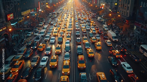 A busy rush hour street scene with cars, buses, and taxis in the rain. photo