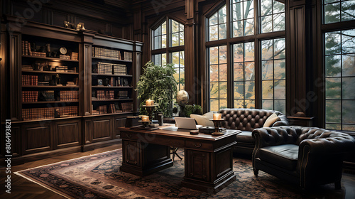 A traditional executive office with a large mahogany desk, leather swivel chair, built-in bookshelves filled with books and awards, and a Persian rug on the floor. photo