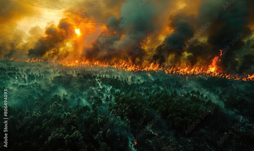 Fototapeta premium A wildfire burns through a forest, destroying everything in its path