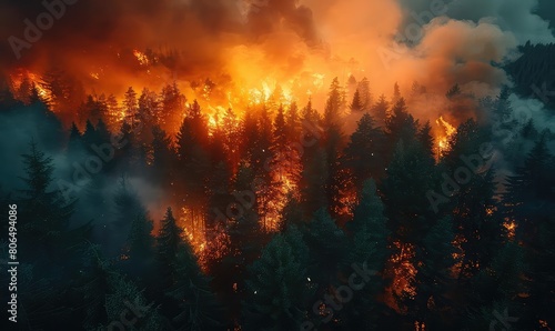A wildfire burns through a forest, destroying trees and wildlife. The fire is out of control and is spreading quickly. The scene is one of devastation.
