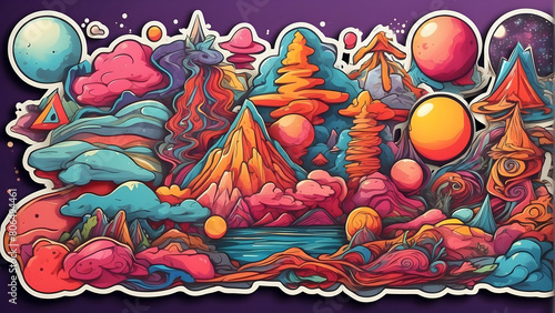 A vibrant  psychedelic scene depicting mountains  rivers  and surreal elements like floating balloons and clouds in a dreamy landscape