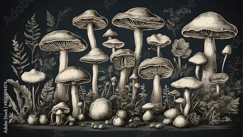 This grayscale botanical illustration of various mushrooms presents a detailed and artistic portrayal of fungi