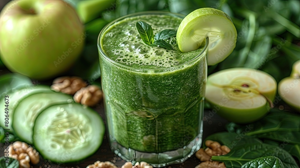 A refreshing smoothie of spinach, apples, cucumbers and walnuts against a clean white background. Generative AI A refreshing smoothie of spinach, apples, cucumbers and walnuts against a clean white background. Generative AI