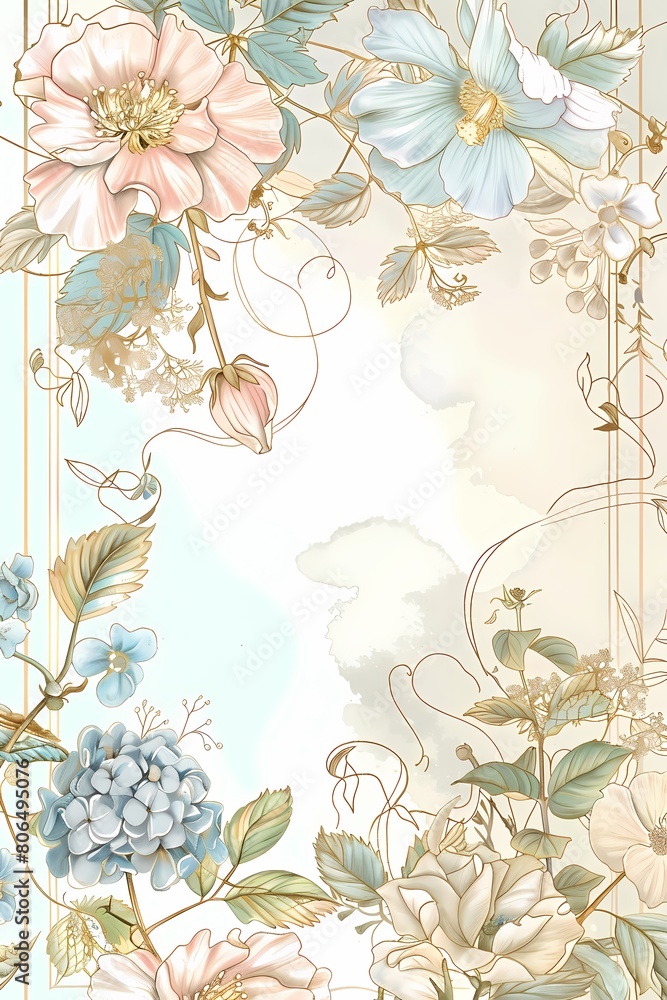 Delicate botanical art with pastel blooms and golden accents Delicate botanical art with pastel blooms and golden accents