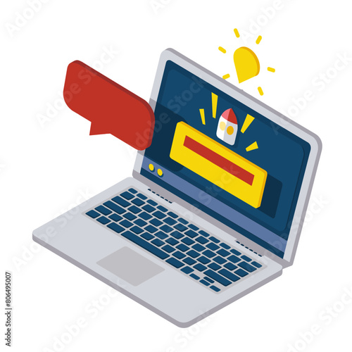 cartoon illustration of a laptop computer with a rocket blasting off from the screen