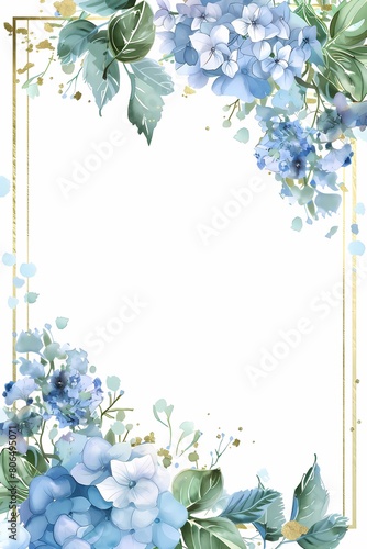 Blue hydrangea border with golden accents on a blank canvas