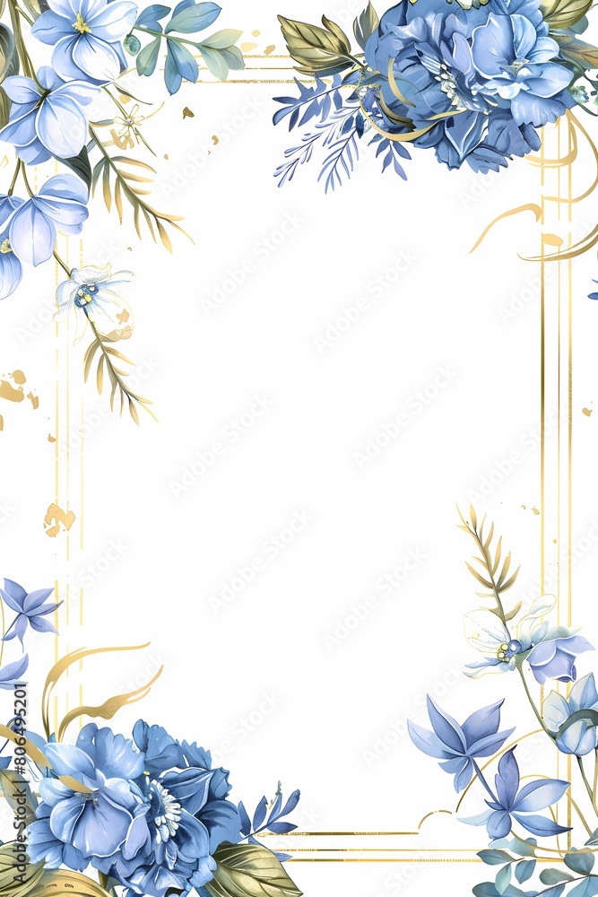 Elegant blue floral border with golden accents on a white background Elegant blue floral border with golden accents on a white background